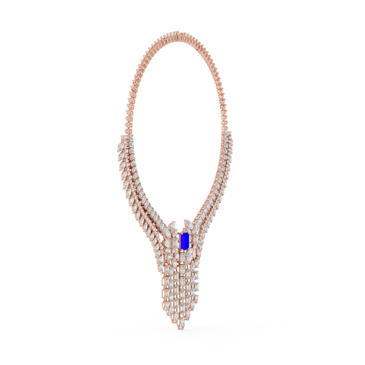 Statement Fringe Collar Necklace with Blue Centre Stone in rose 925 sterling silver, view 3