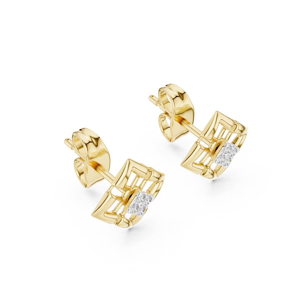 Moissanite Geometric Square Cluster Stud Earrings in yellow 925 sterling silver, view 2