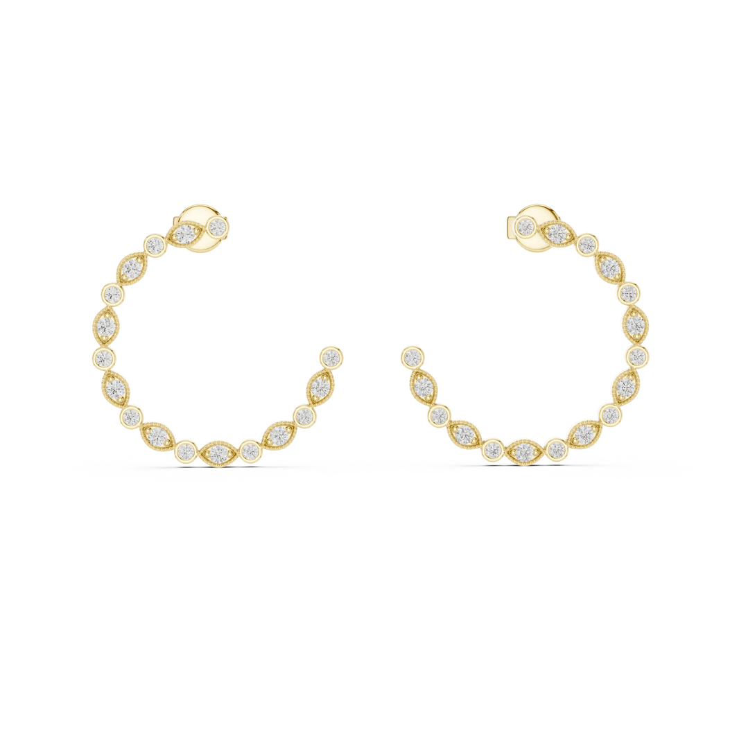 Moissanite milgrain bezel front hoop earrings in yellow 925 sterling silver, view 4