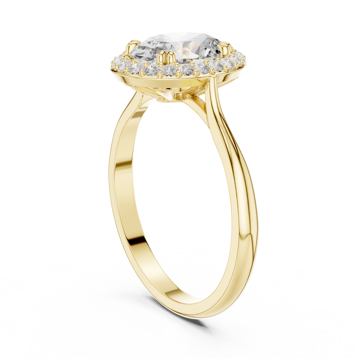 Oval Single Halo Moissanite Ring with Tapered Band in yellow 925 sterling silver, view 1
