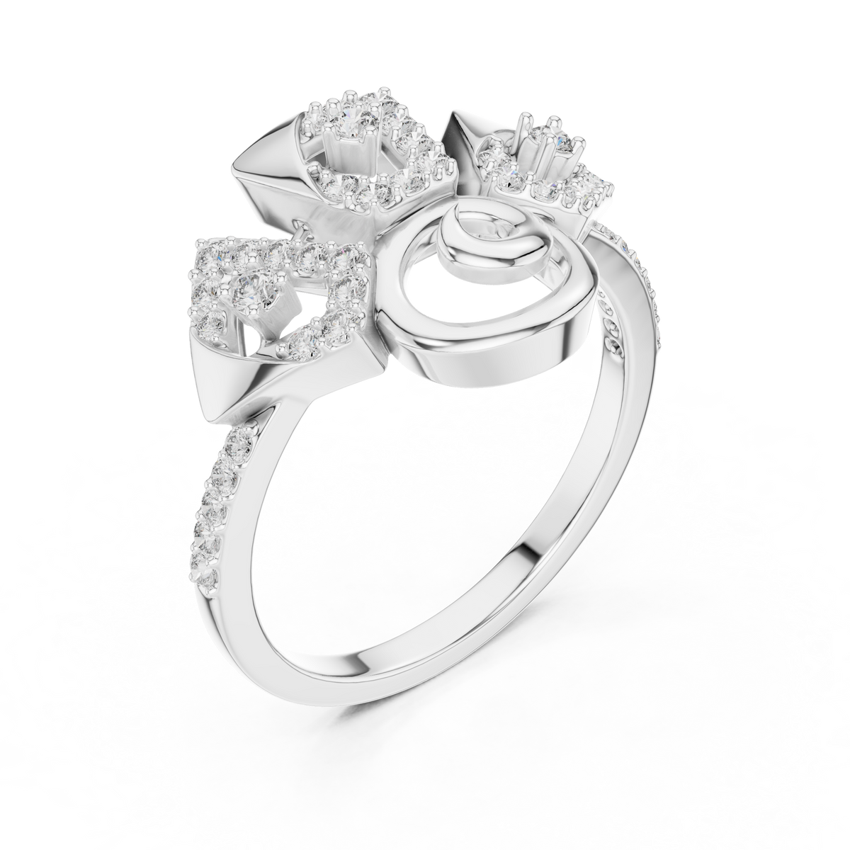 Geometric Pavé Fan and Swirl Moissanite Ring in white 925 sterling silver, view 2