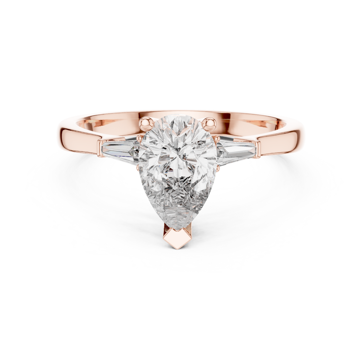 Pear Moissanite Ring with Tapered Baguette Sides in rose 925 sterling silver, view 4