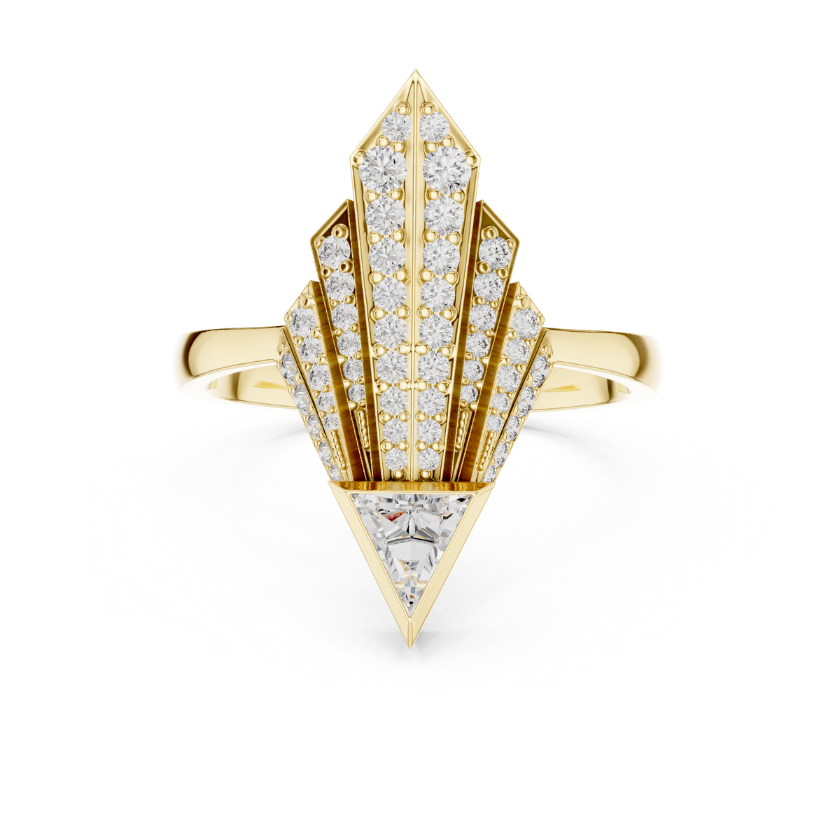 Art Deco Pavé Fan Moissanite Shield Ring in yellow 925 sterling silver, view 4
