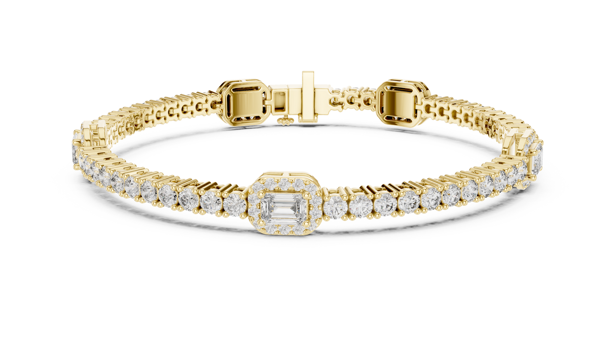 Emerald Halo Station Round Moissanite Tennis Bracelet in yellow 925 sterling silver, view 1