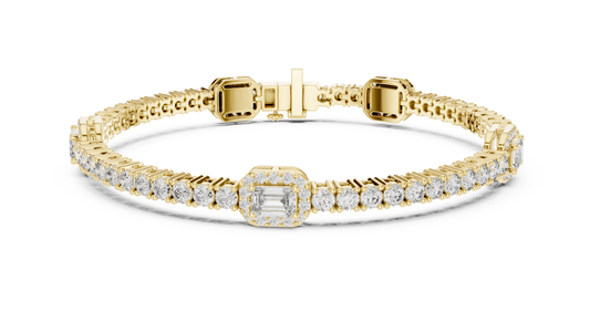 Emerald Halo Station Round Moissanite Tennis Bracelet in yellow 925 sterling silver, view 1