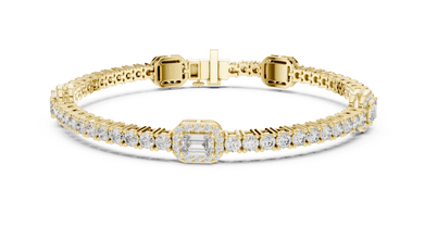 Emerald Halo Station Round Moissanite Tennis Bracelet in yellow 925 sterling silver, view 1