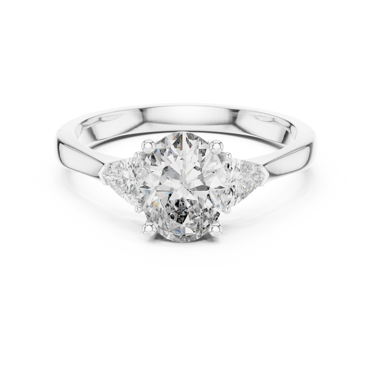 Oval and Trillion Three Stone Moissanite Ring in white 925 sterling silver, view 4
