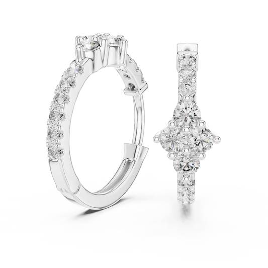 Moissanite cluster huggie hoop earrings in white 925 sterling silver, view 1