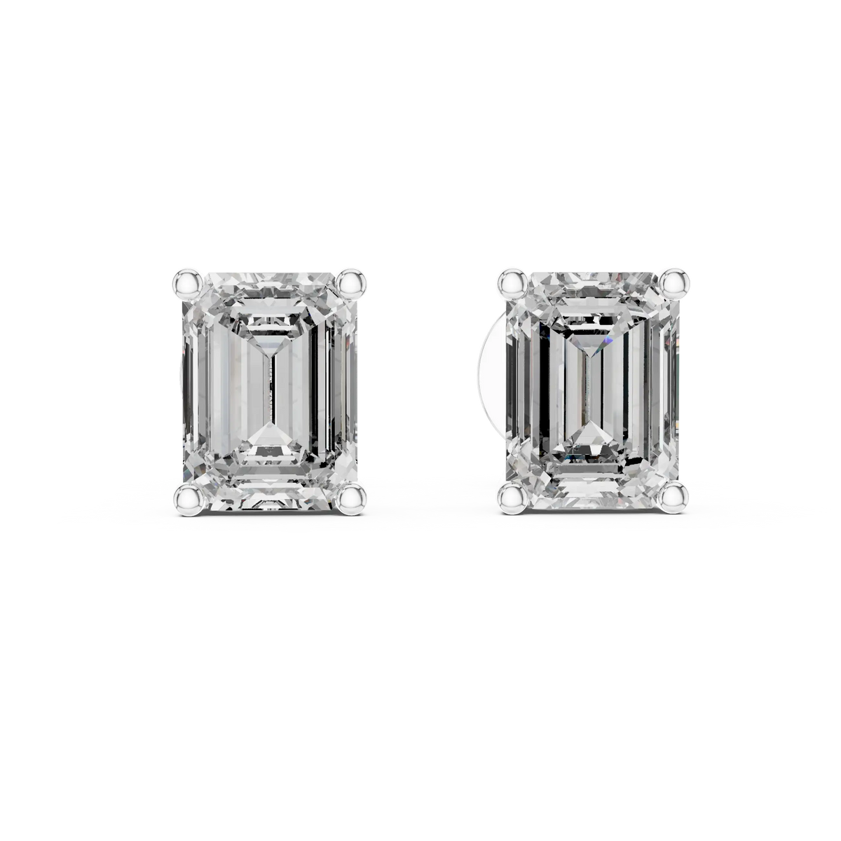 Emerald moissanite stud earrings in white 925 sterling silver, four-prong basket, view 4