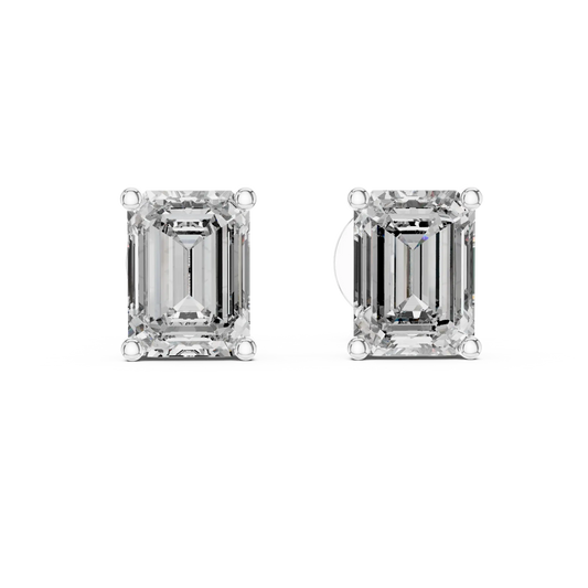 Emerald moissanite stud earrings in white 925 sterling silver, four-prong basket, view 4