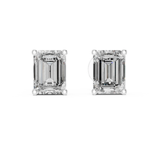 Emerald moissanite stud earrings in white 925 sterling silver, four-prong basket, view 4