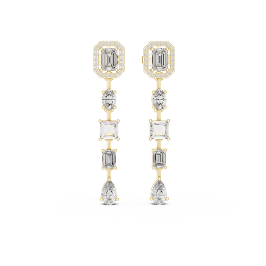 Emerald Halo Mixed Shape Moissanite Line Drop Earrings in yellow 925 sterling silver, view 4