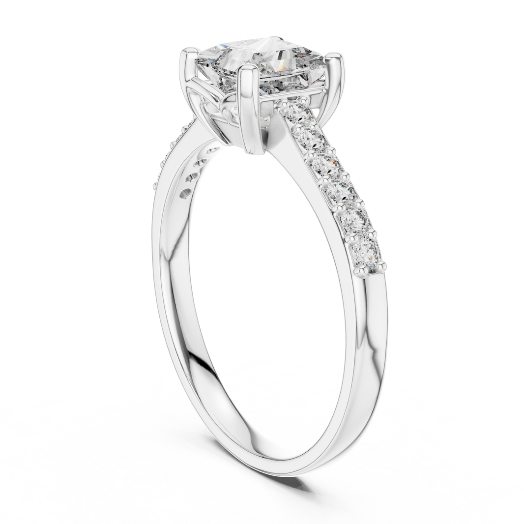 Princess Cut Moissanite Ring with Pavé Shoulders in white 925 sterling silver, view 1