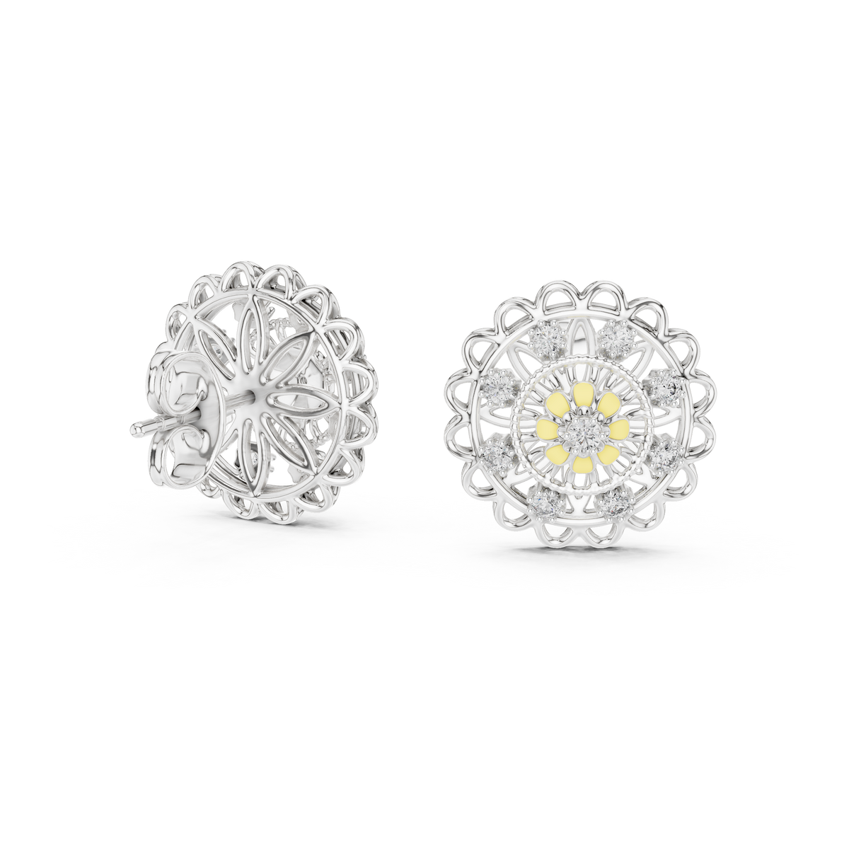 Moissanite Mandala Flower Stud Earrings in white 925 sterling silver, view 1