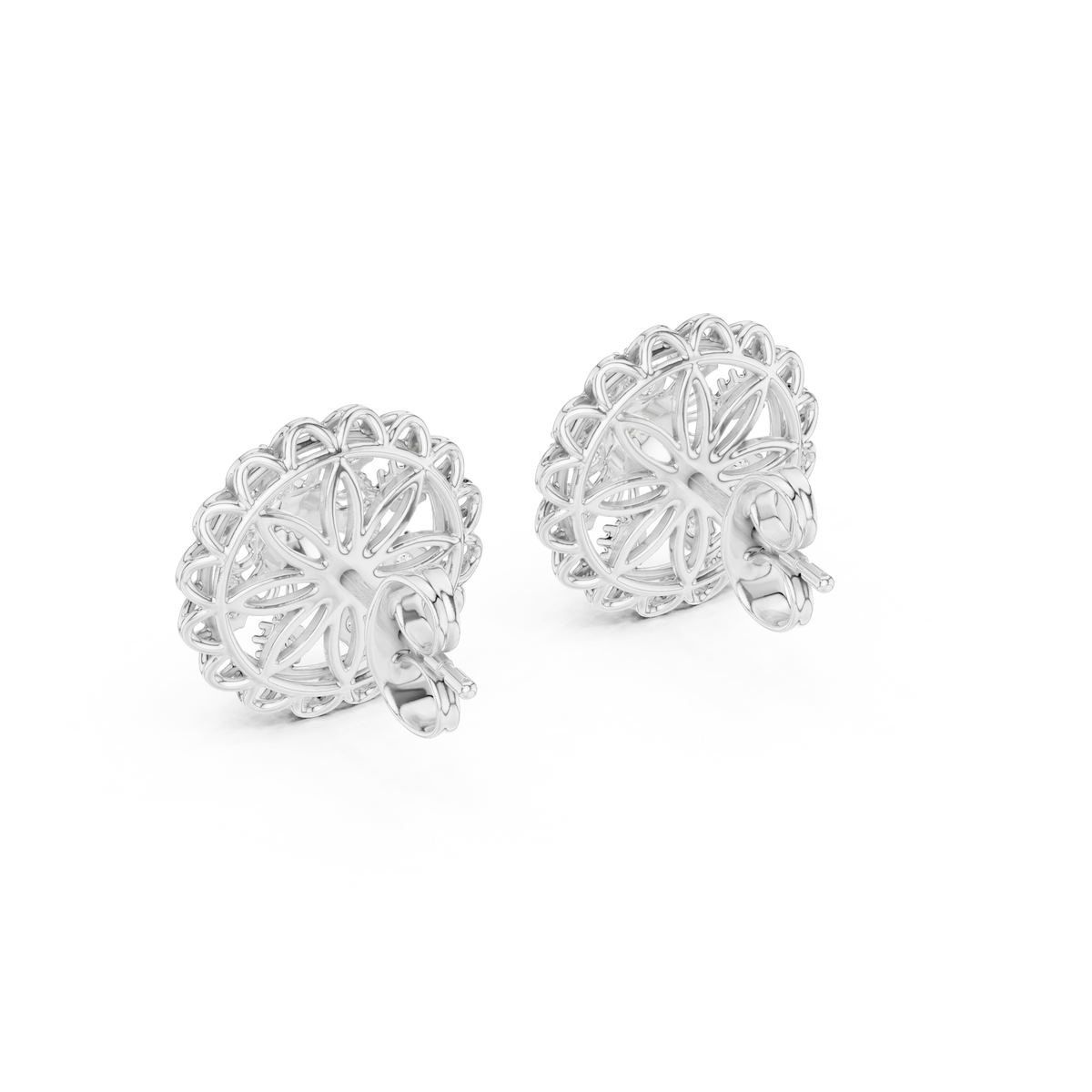 Moissanite Mandala Flower Stud Earrings in white 925 sterling silver, view 3