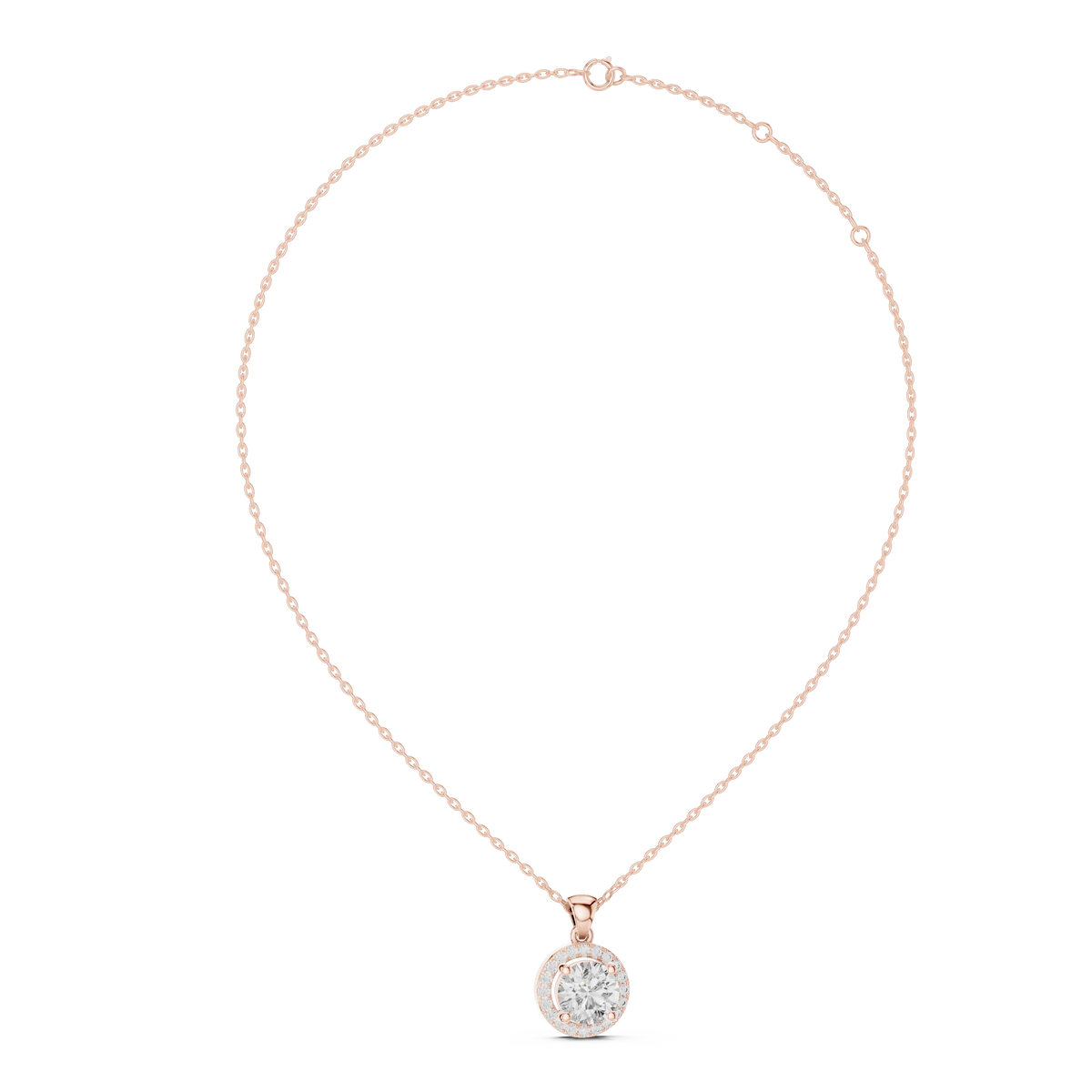 Round Halo Moissanite Pendant in rose 925 sterling silver, view 1