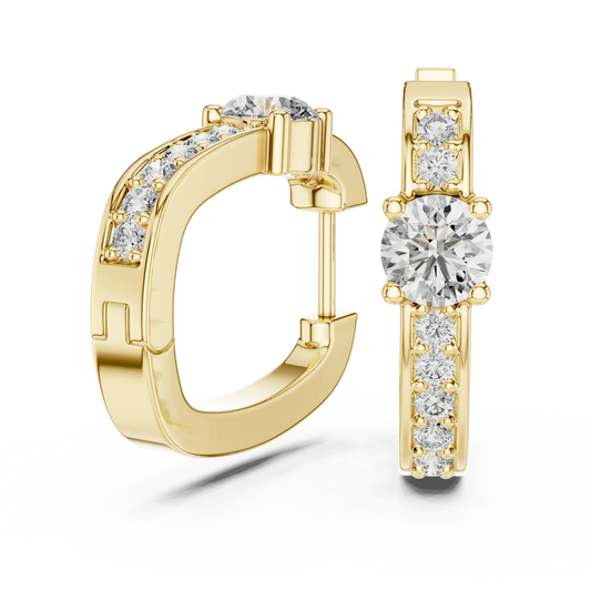 Moissanite solitaire pave huggie earrings in yellow 925 sterling silver, view 1