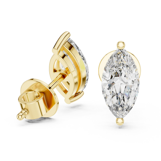 Marquise moissanite stud earrings in yellow 925 sterling silver, two-prong basket, view 1