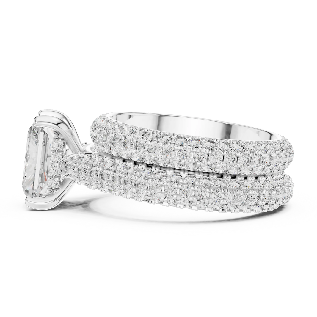 Radiant Cut Moissanite Ring with Wide Pavé Band in white 925 sterling silver, view 3