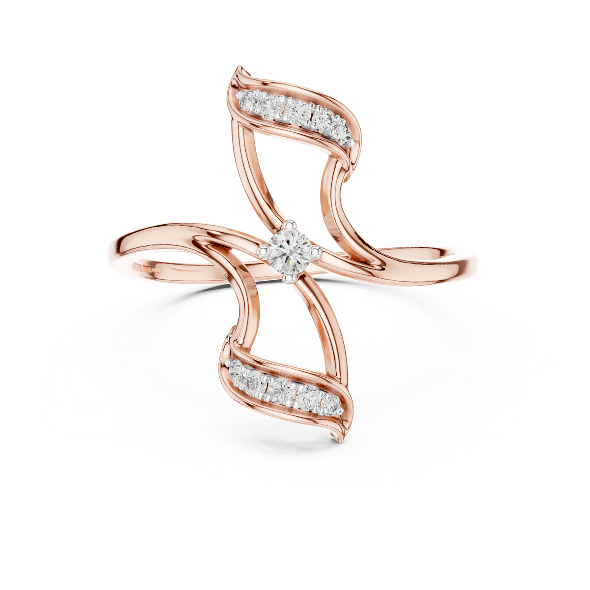 Pinwheel Bypass Moissanite Ring in rose 925 sterling silver, view 4