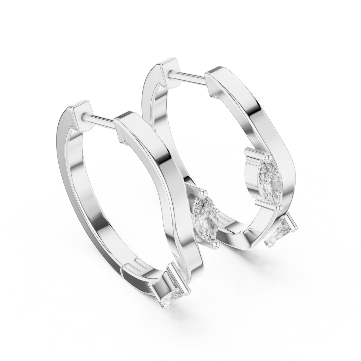 Marquise moissanite wave huggie hoop earrings in white 925 sterling silver, view 2
