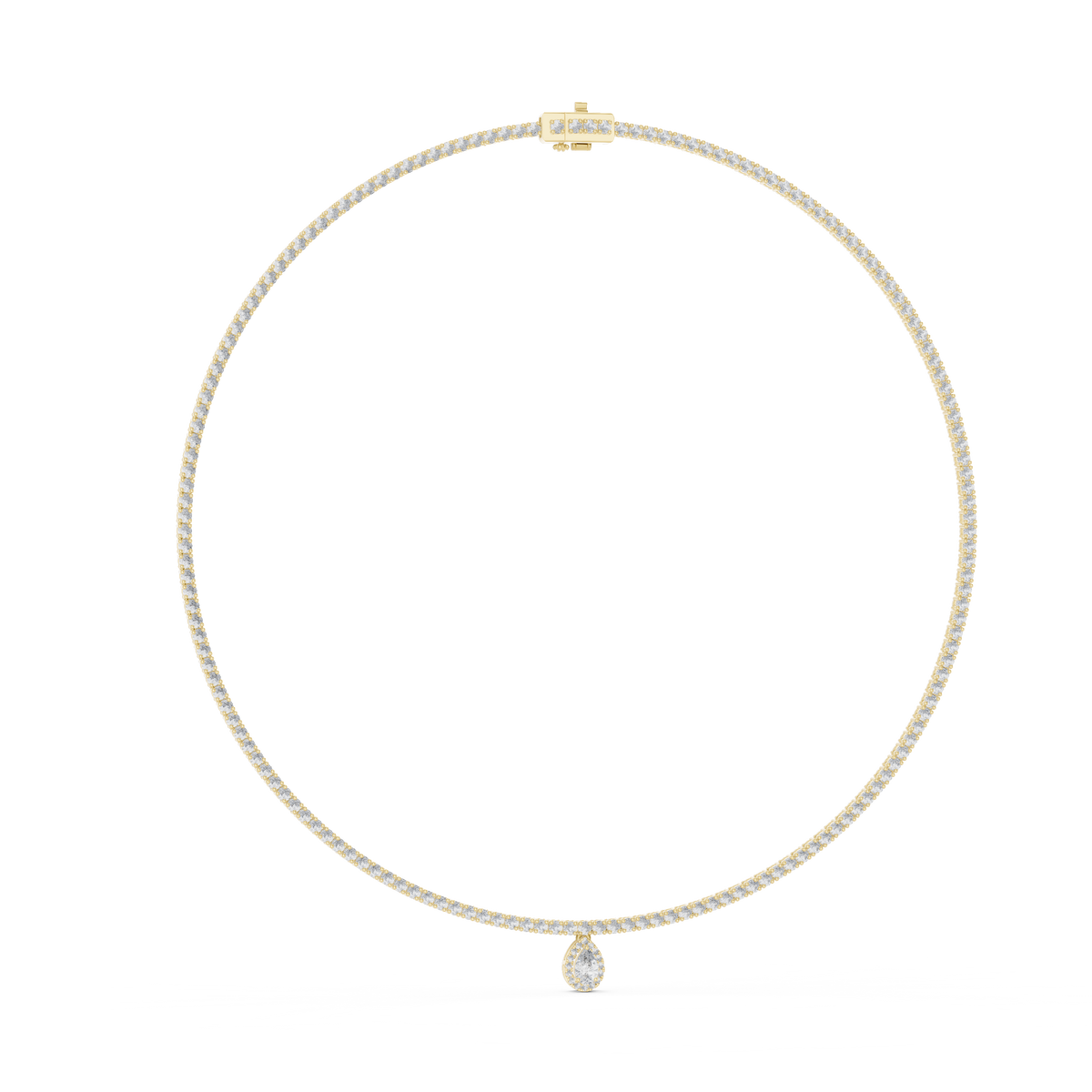 Round Tennis Necklace with Pear Drop in yellow 925 sterling silver, view 1
