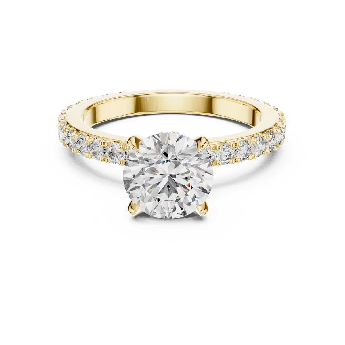 Round Solitaire Moissanite Ring with Hidden Halo and Pavé Band in yellow 925 sterling silver, view 4