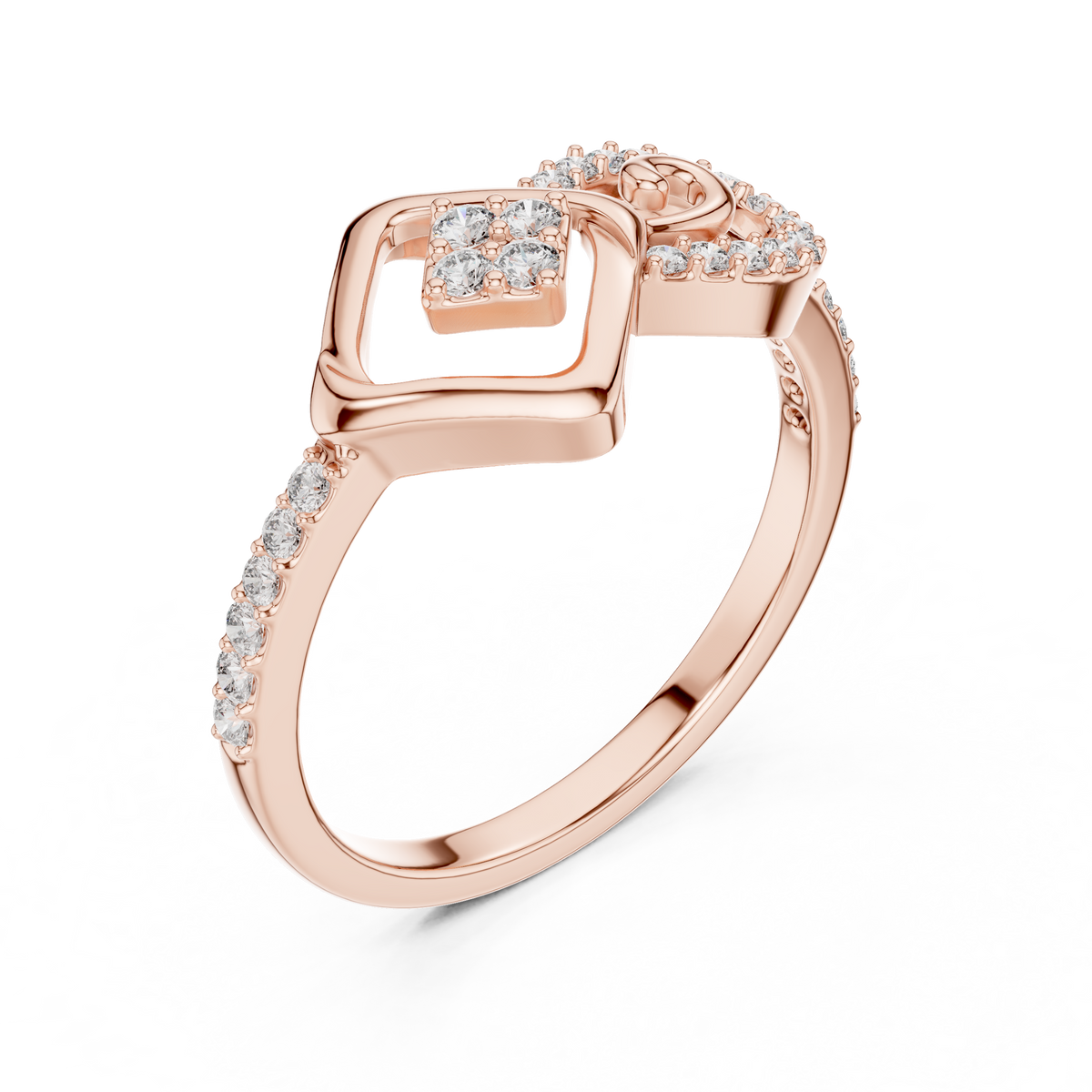 Open Square Cluster and Swirl Moissanite Ring in rose 925 sterling silver, view 2