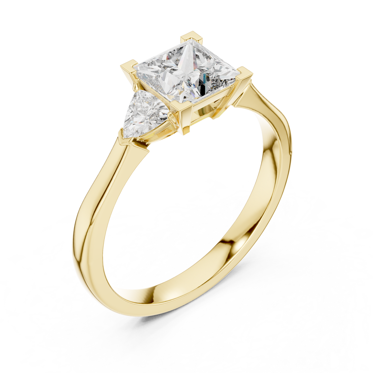 Princess Cut and Trillion Three Stone Moissanite Ring in yellow 925 sterling silver, view 2