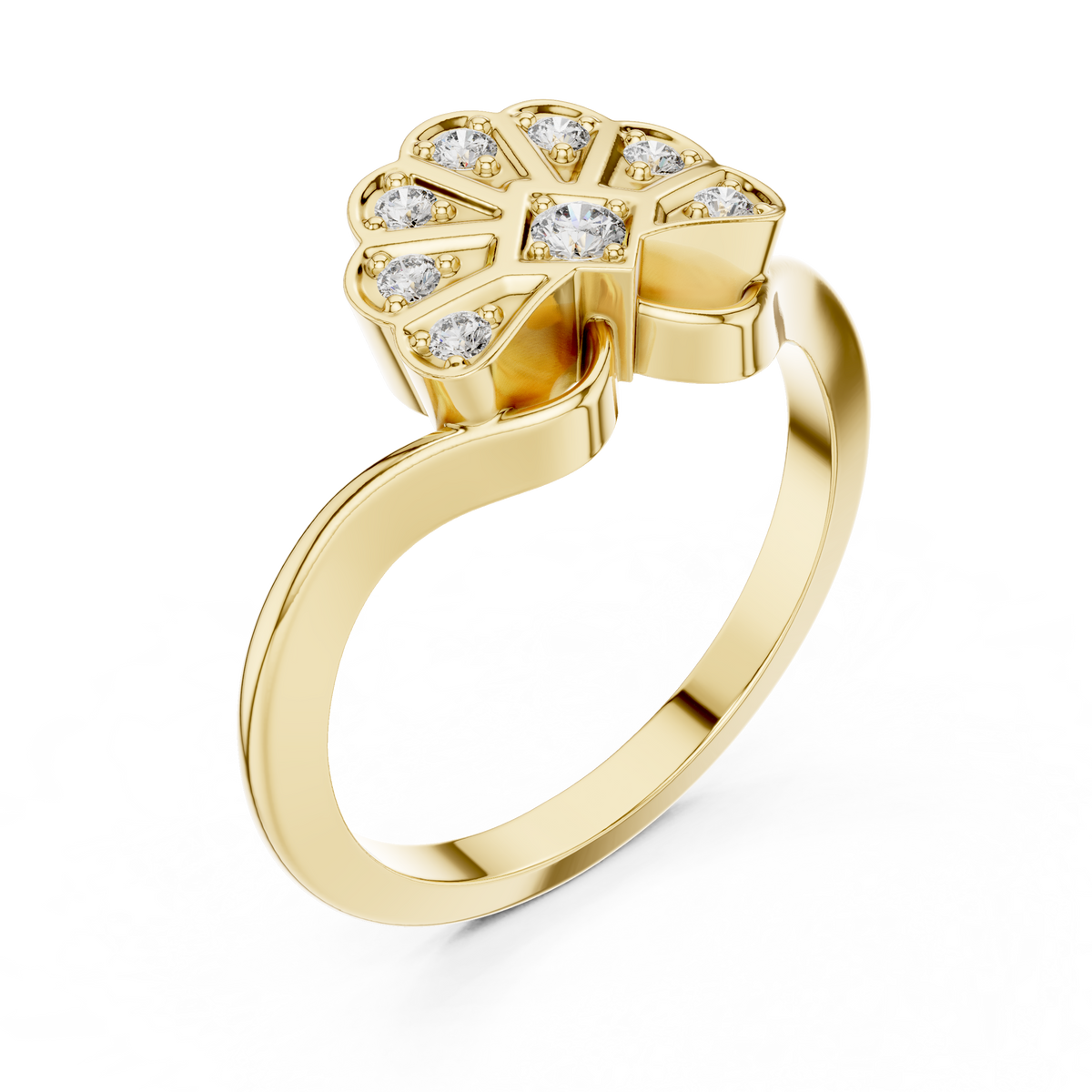 Art Deco Scalloped Fan Moissanite Cluster Ring in yellow 925 sterling silver, view 2