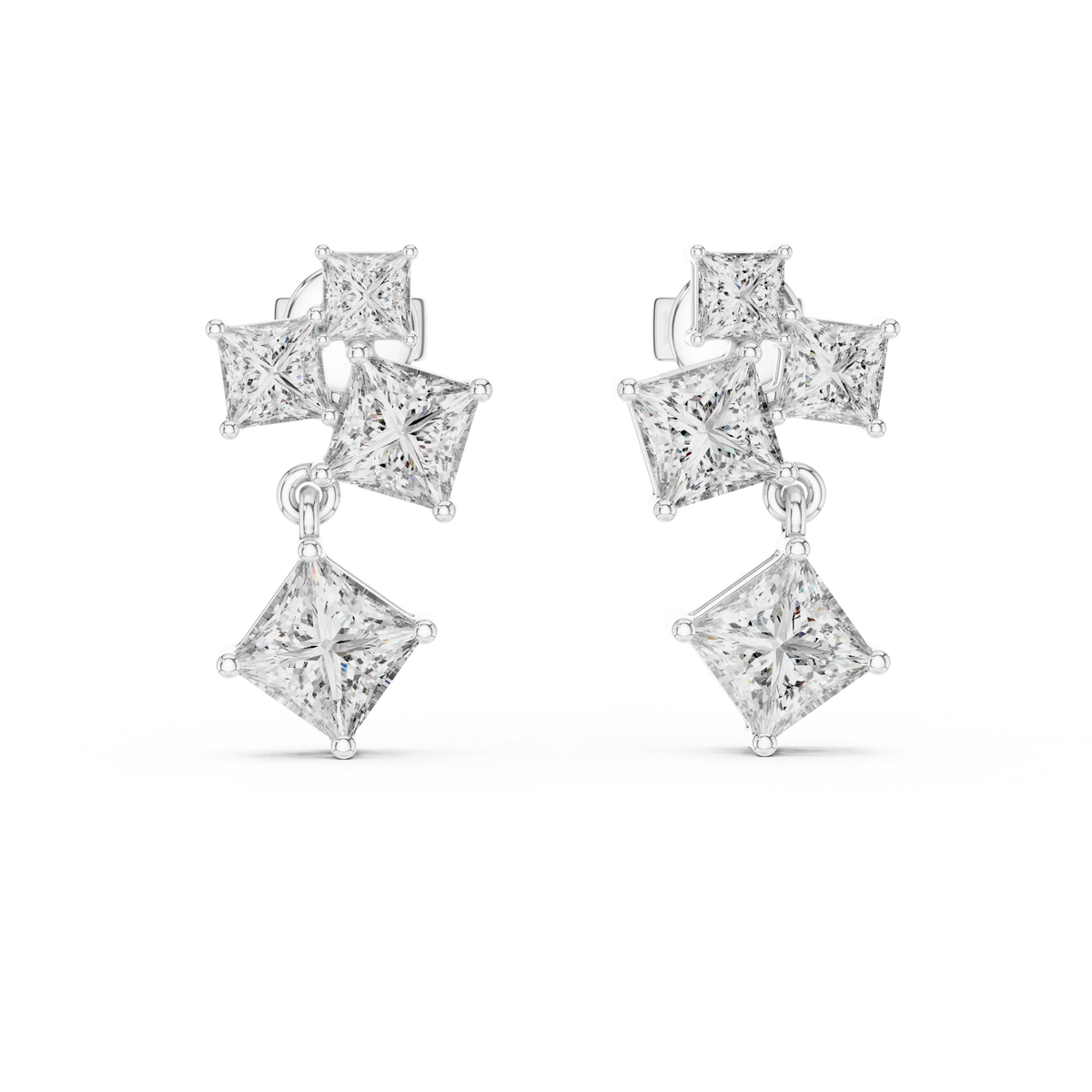 Princess cut moissanite cluster drop earrings in white 925 sterling silver, view 4