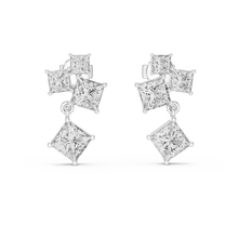 Princess cut moissanite cluster drop earrings in white 925 sterling silver, view 4