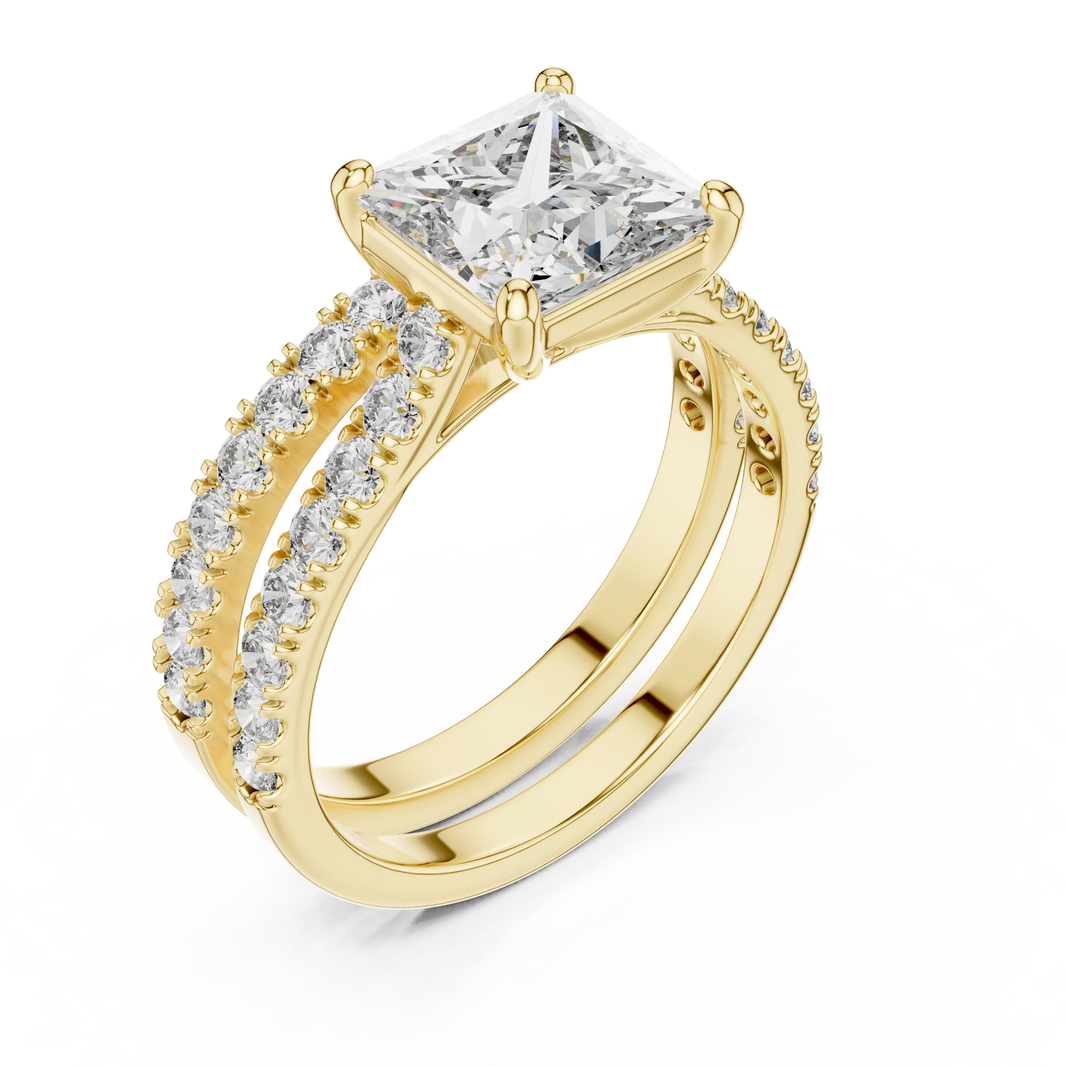 Princess Cut Moissanite Double Pavé Band Ring in yellow 925 sterling silver, view 2
