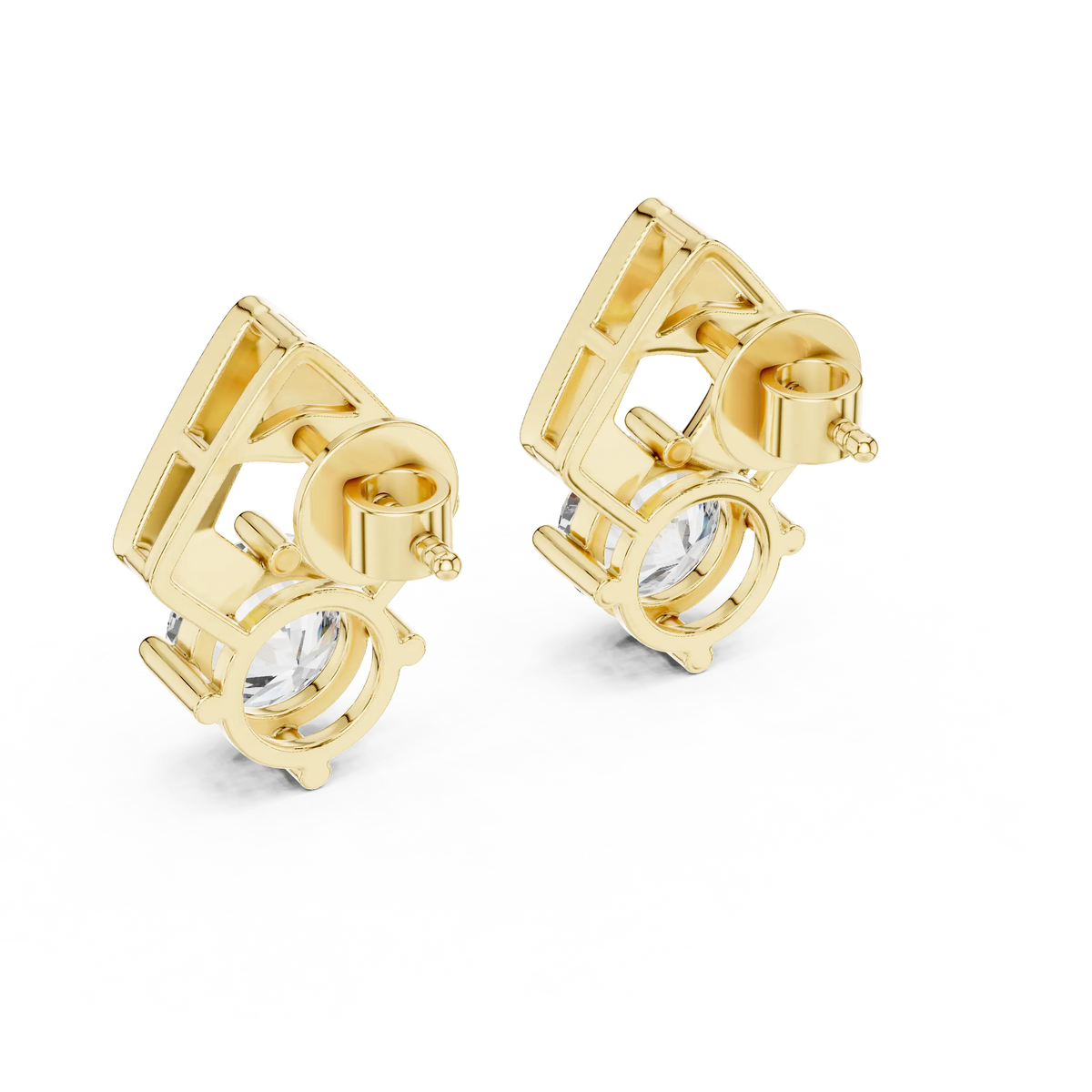Round moissanite geometric frame stud earrings in yellow 925 sterling silver, view 3