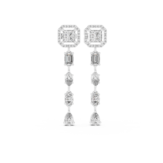 Princess Halo Mixed Shape Moissanite Line Drop Earrings in white 925 sterling silver, view 4