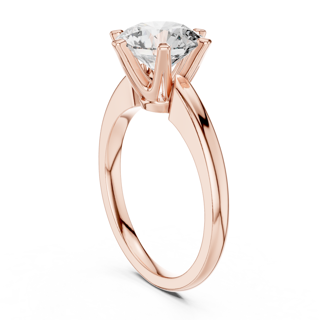 Round Six Prong Moissanite Solitaire Ring in rose 925 sterling silver, view 1