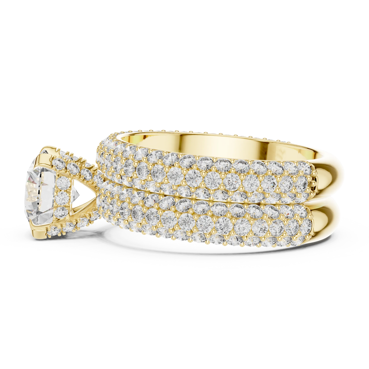 Round Solitaire Moissanite Ring with Wide Pavé Band in yellow 925 sterling silver, view 3
