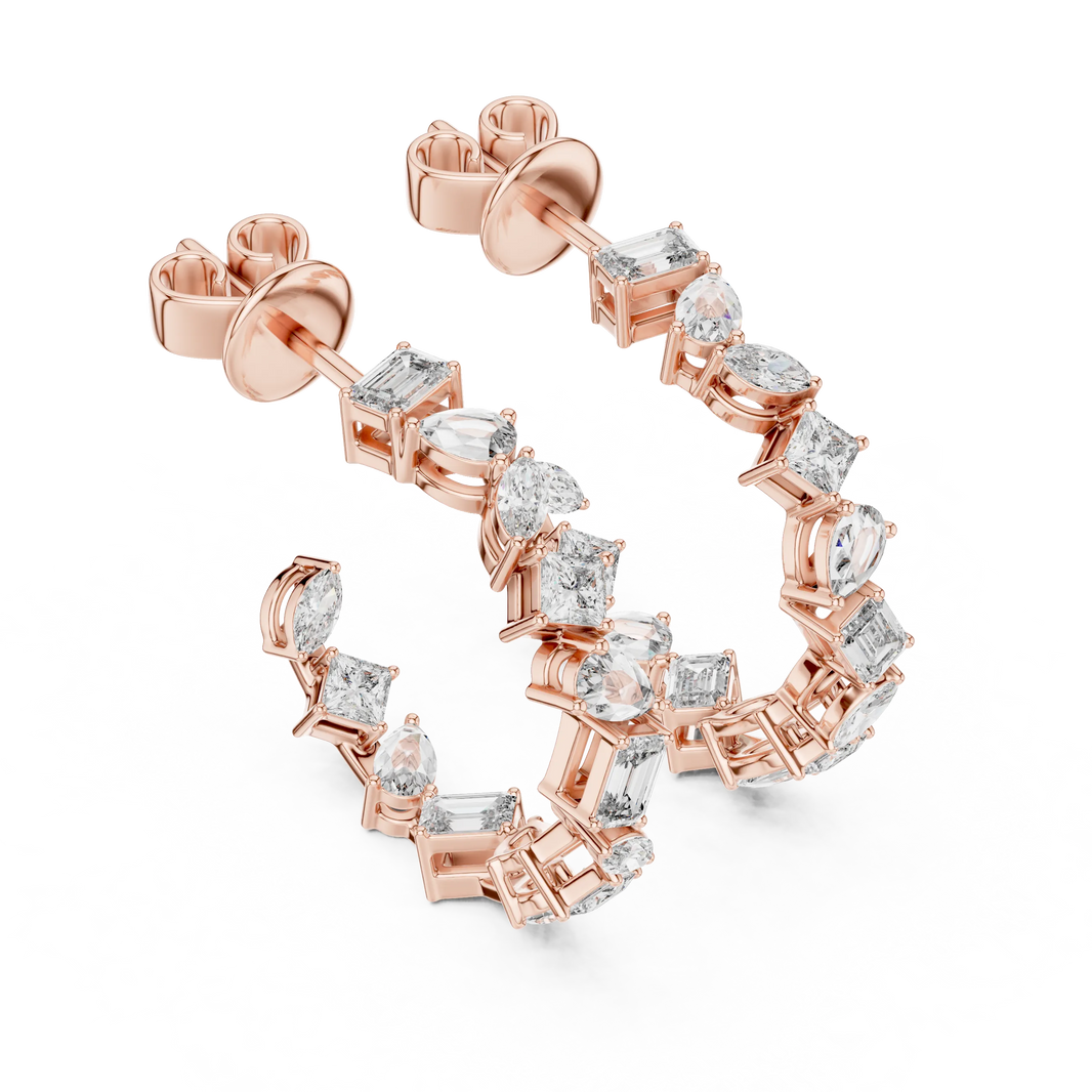 Mixed shape moissanite front hoop earrings in rose 925 sterling silver, view 2