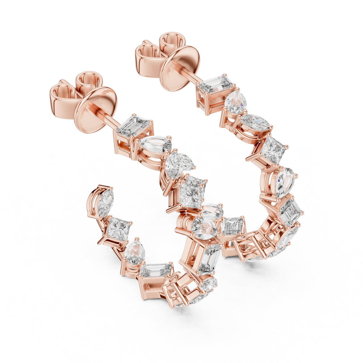 Mixed shape moissanite front hoop earrings in rose 925 sterling silver, view 2