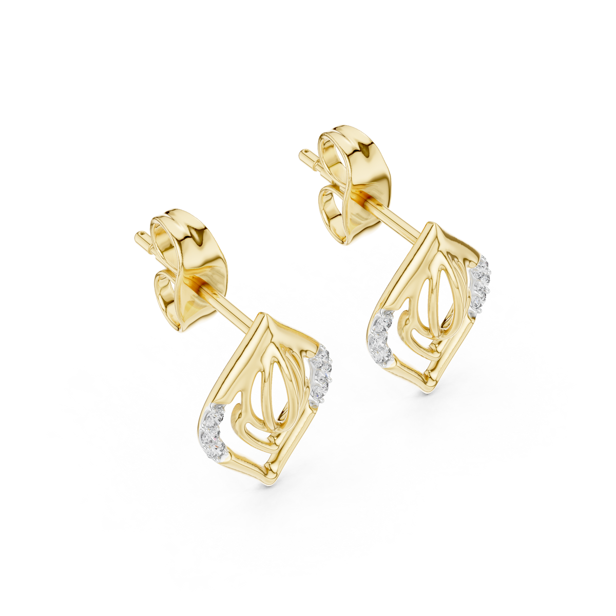 Moissanite Open Leaf Stud Earrings in yellow 925 sterling silver, view 2