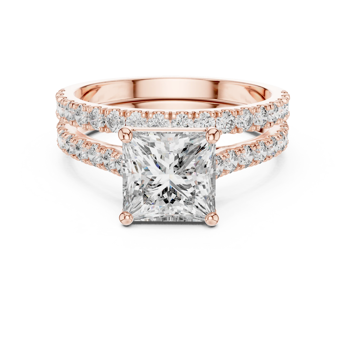 Princess Cut Moissanite Double Pavé Band Ring in rose 925 sterling silver, view 4
