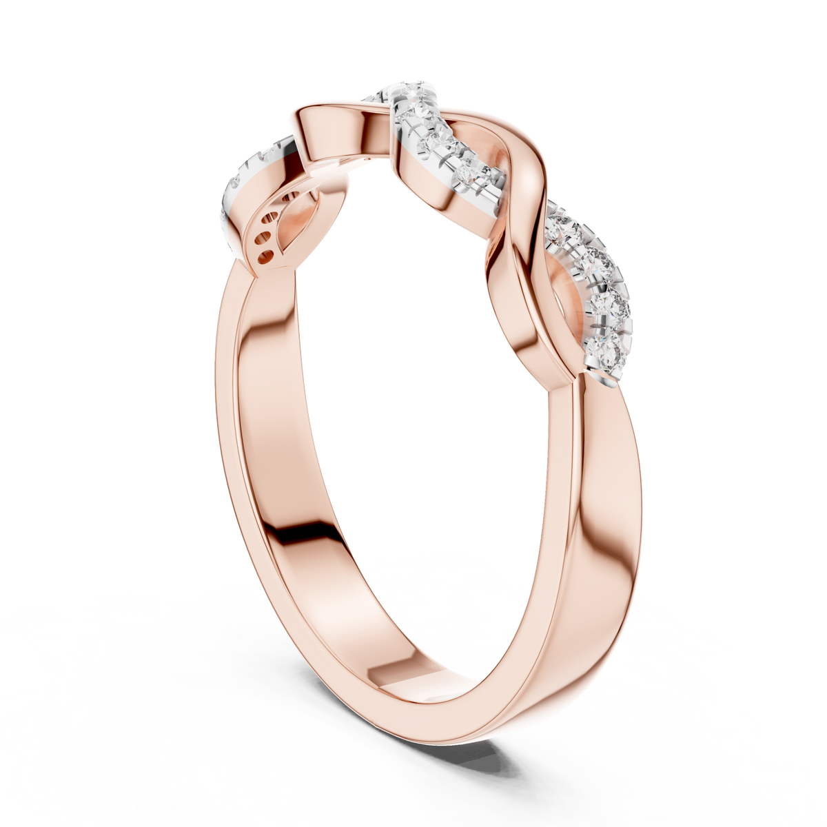 Pavé Twisted Infinity Moissanite Band in rose 925 sterling silver, view 1