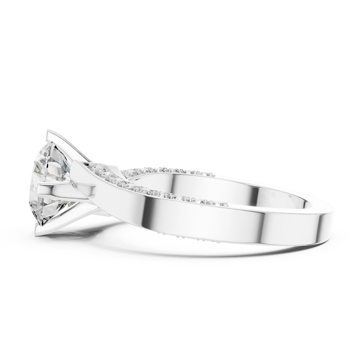 Round Solitaire Moissanite Ring with Pavé Cathedral Shank in white 925 sterling silver, view 3