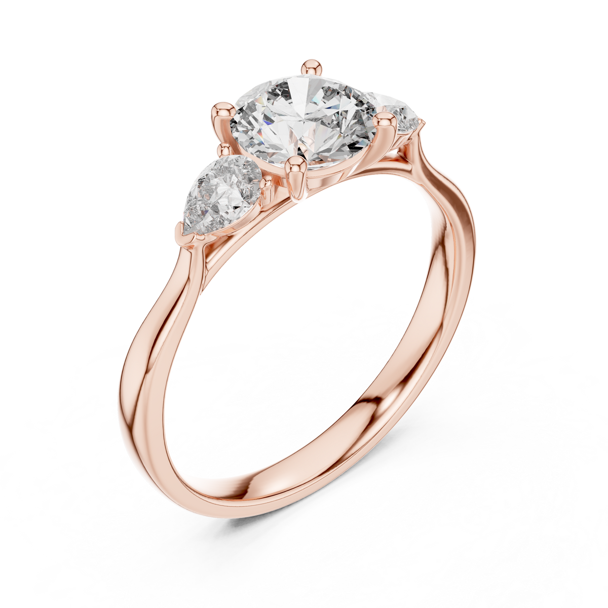 Round and Pear Three Stone Moissanite Ring in rose 925 sterling silver, view 2