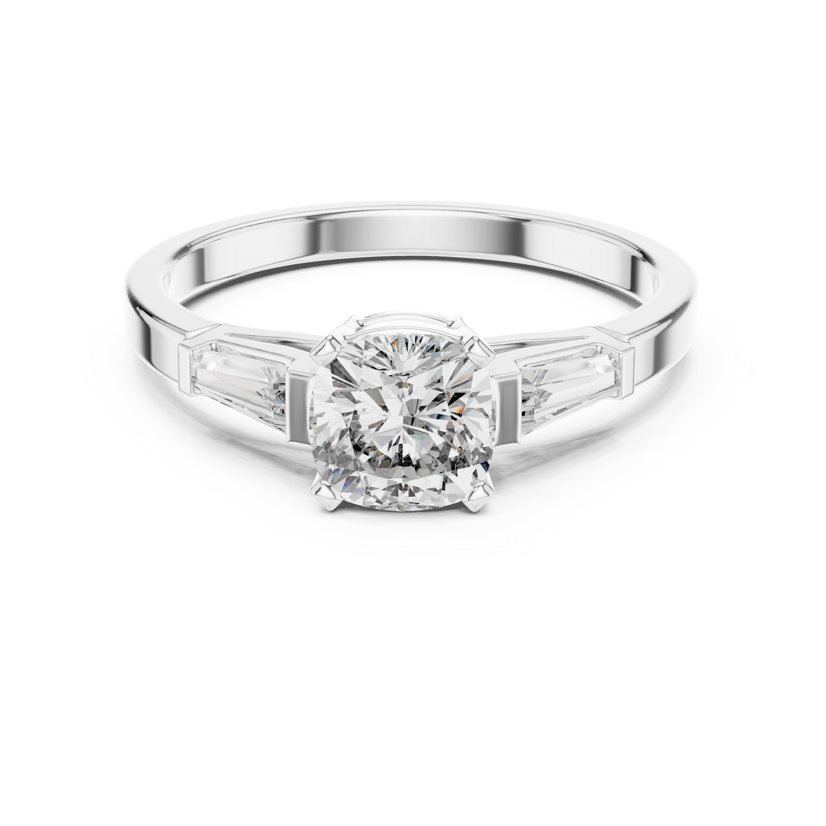Cushion Cut Moissanite Ring with Tapered Baguette Sides in white 925 sterling silver, view 4