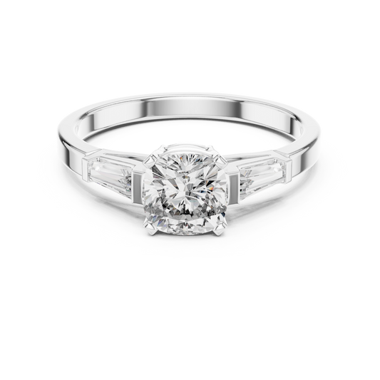 Cushion Cut Moissanite Ring with Tapered Baguette Sides in white 925 sterling silver, view 4