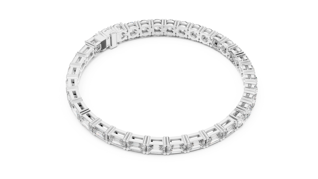 Emerald and Round Moissanite Tennis Bracelet in white 925 sterling silver, view 3