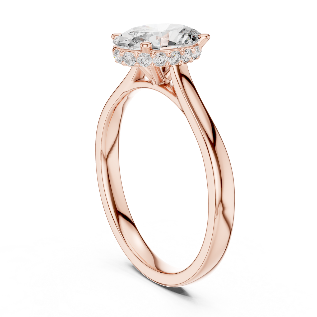 Oval Hidden Halo Moissanite Cathedral Solitaire Ring in rose 925 sterling silver, view 1
