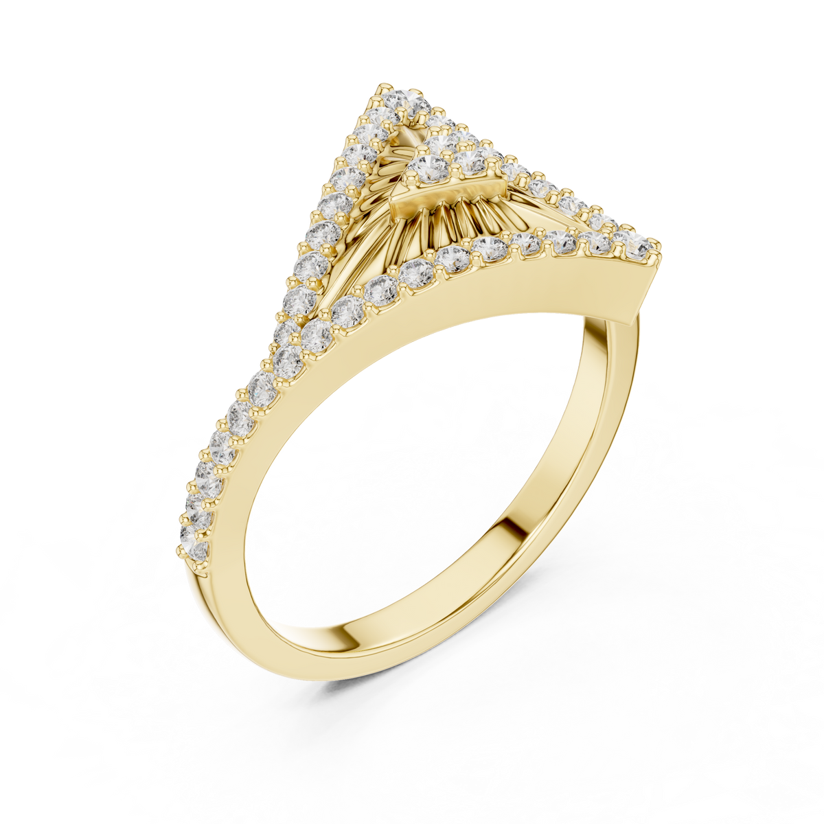 Triangle Sunburst Pavé Moissanite Ring in yellow 925 sterling silver, view 2