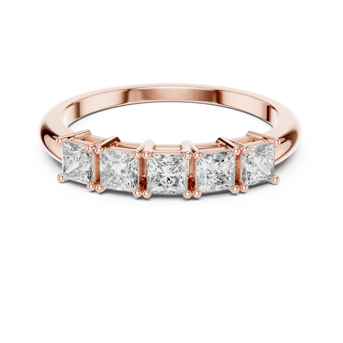 Five Stone Princess Cut Moissanite Band in rose 925 sterling silver, view 4